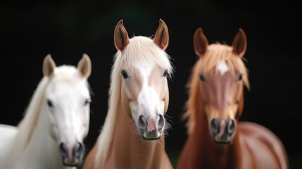 Obraz premium Three horses, dark background, pasture, portrait