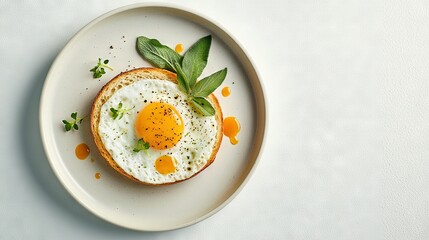  A white plate holds a fried egg and a green garnish on top of a slice of bread