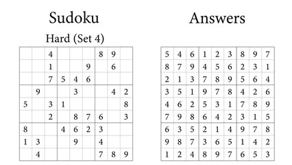 Sudoku Puzzle 9x9 Set 4 Hard with Answers, Fun Brain-Training Game for Kids, Teens and Adults, Vector
