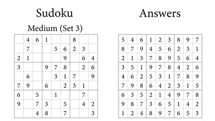 Sudoku Puzzle 9x9 Set 3 Medium with Answers, Fun Brain-Training Game for Kids, Teens and Adults, Vector