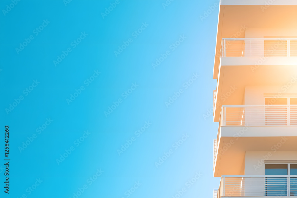 Poster modern architecture against a bright blue sky. clean lines and minimalist design on the building cre