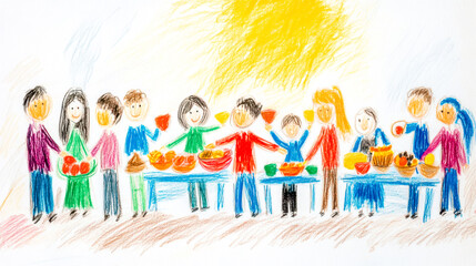 Happy people sharing food at community party, crayon drawing illustration