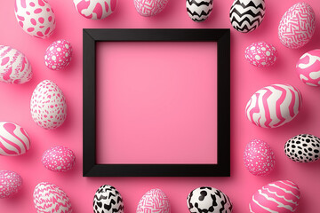 Easter greeting frame with pink and black geometric patterned eggs on pastel background, stylish festive decoration for modern spring holiday celebration and seasonal card template