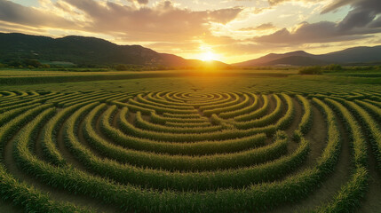 Enchanting corn maze at sunrise, where heavy monsoon clouds cast dramatic shadows across golden fields