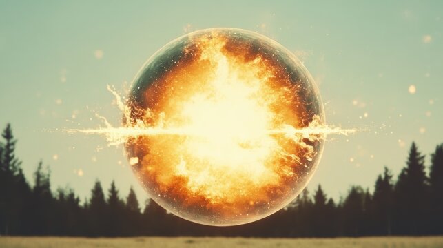 A fiery sphere explodes against a serene backdrop of a forest and clear sky, creating a dramatic contrast of energy and peace.