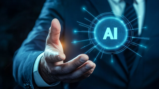 A glowing AI symbol hovers over a businessman's palm. AI is becoming part of business. AI implementation is changing companies and business. AI is the key to the digital evolution of business.