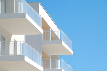 Modern architecture showcasing cantilevered balconies against a clear sky, emphasizing clean lines and minimalist design for a contemporary aesthetic.