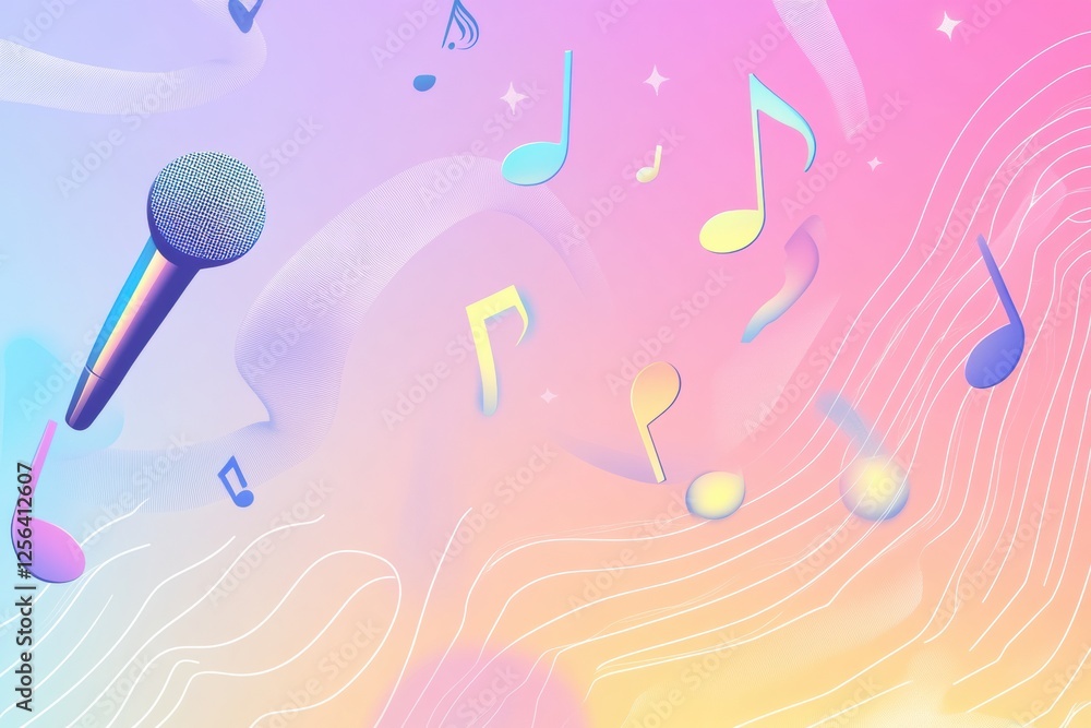 Fototapete kpop inspired minimalist background featuring colorful music notes and microphones in a vibrant sett