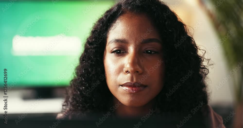 Poster Woman, software designer and thinking with computer for website, planning or app development in office. Creative person, idea and report with digital technology for problem solving or update research