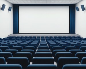 Fototapeta premium A modern, spacious theater interior featuring rows of blue seats and a large, blank screen ready for a cinematic experience.