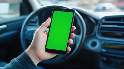 A hand holds a smartphone with a green screen inside a car, with a steering wheel and dashboard visible.