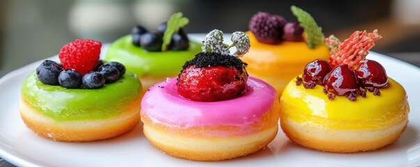 Colorful glazed donuts with fresh berries and decorative toppings on a white plate