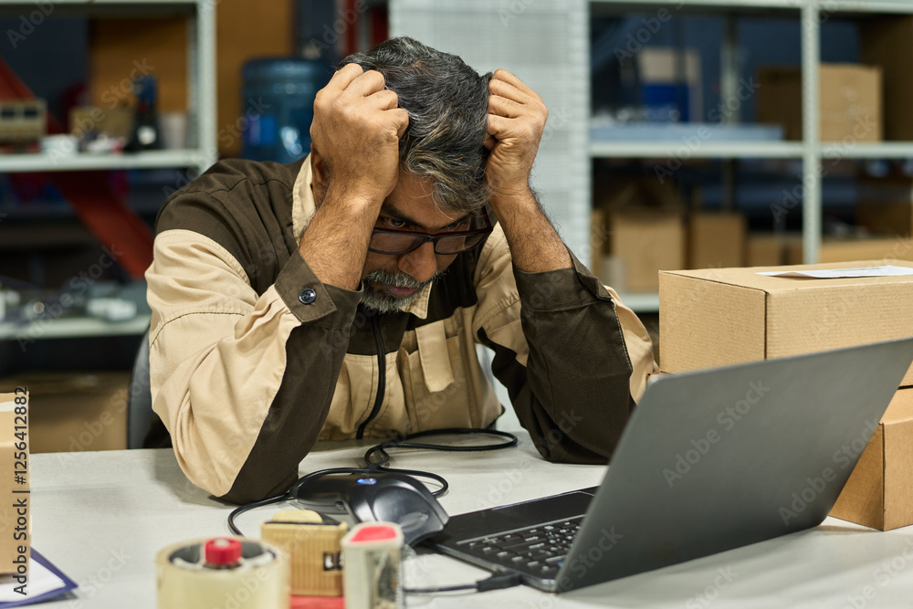 Aufkleber tense and tired warehouse worker looking at laptop screen during revision while sitting by workplace