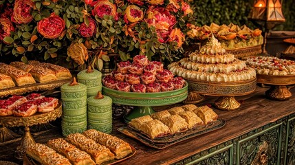 A Luxurious Dessert Table with Pomegranate and Baklava Delights