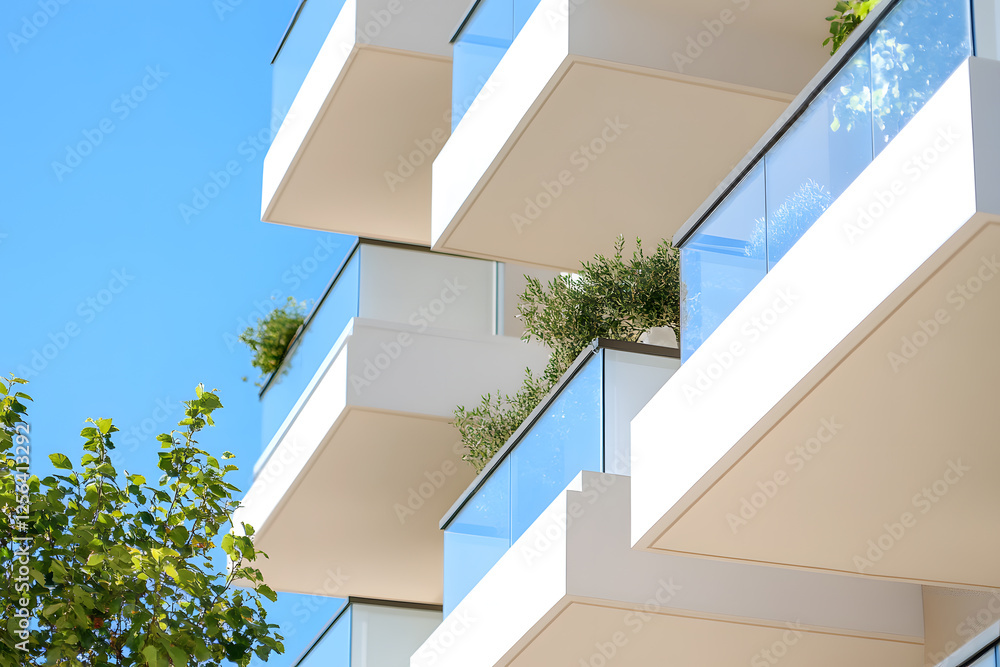 Aufkleber geometric balconies with glass railings and greenery against a blue sky. modern architecture with a 