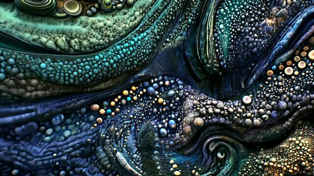 Abstract close-up of colorful swirling patterns resembling oceanic textures and bubbles