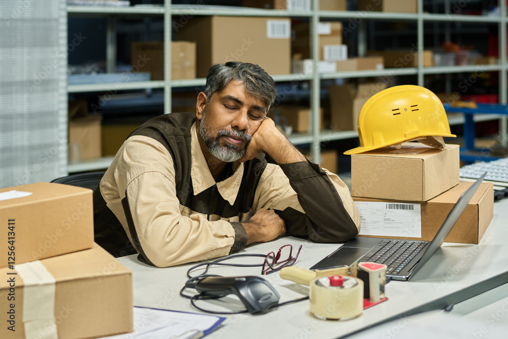 Poster tired warehouse worker napping in front of laptop screen by workplace among packed cardboard boxes a