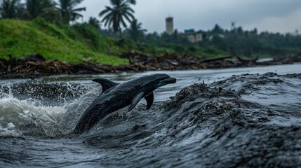 Obraz premium Dolphin leaping playfully in river water near a shoreline