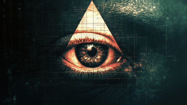 A close-up of a human eye within a glowing triangle, symbolizing digital surveillance and conspiracy.