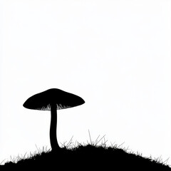 Silhouette of a single mushroom on a grassy hill against a white background, showcasing simple and striking natural beauty.