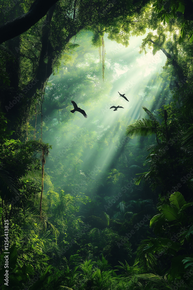 Poster a vibrant green rainforest with towering trees, cascading vines, and exotic birds soaring as sunligh