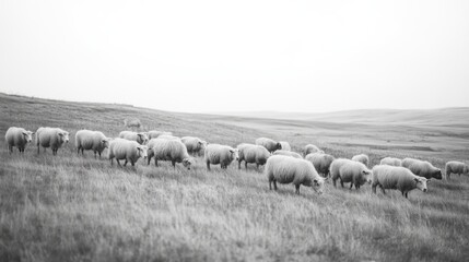 Obraz premium Sheep grazing on grassy hillside, calm landscape, pastoral scene, nature photography