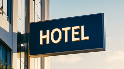 Obraz premium A rectangular blue sign with golden illuminated letters indicates 