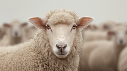 Obraz premium Sheep stares forward, flock blurred background, rural farm, animal portrait, for agriculture websites