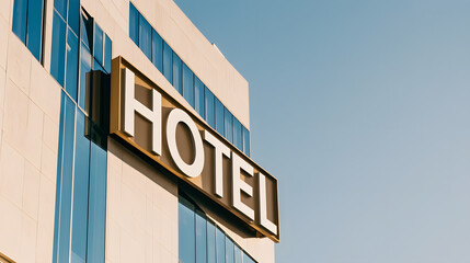 Obraz premium Low angle shot of a hotel building with a large, prominent sign. The clear sky background emphasizes the building's height and architectural features.