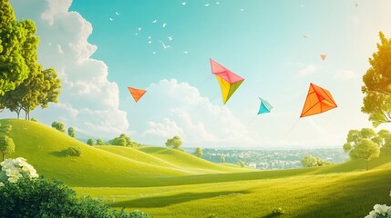 Kites Soaring Over Rolling Green Hills
