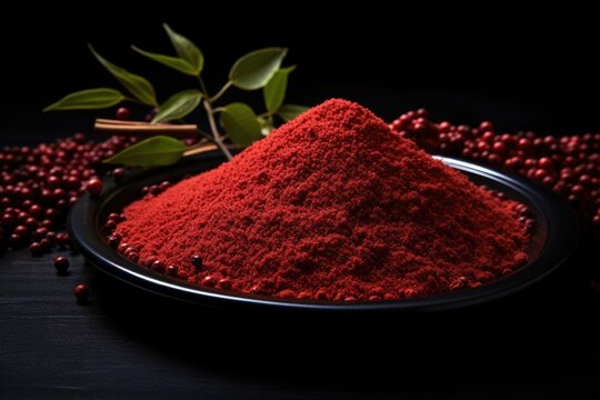 Red paprika powder and red sumac berries sprinkled around it