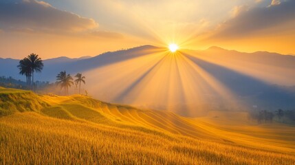 Obraz premium Golden Sunrise over Terraced Rice Fields