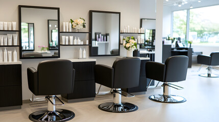Fototapeta premium Modern salon interior with black styling chairs, mirrors, and product displays. Bright, clean, and inviting space for haircuts and styling services.