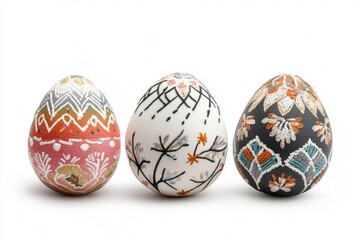 Fototapeta premium Easter eggs with folk motif isolated on white background showcasing intricate designs and vibrant colors perfect for festive decorations and celebrations