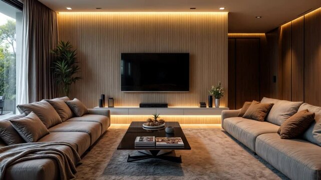 A modern living room has a large TV mounted on the wall. The color tones are beige or more neutral. LED strip lights are a discreet source of light. 