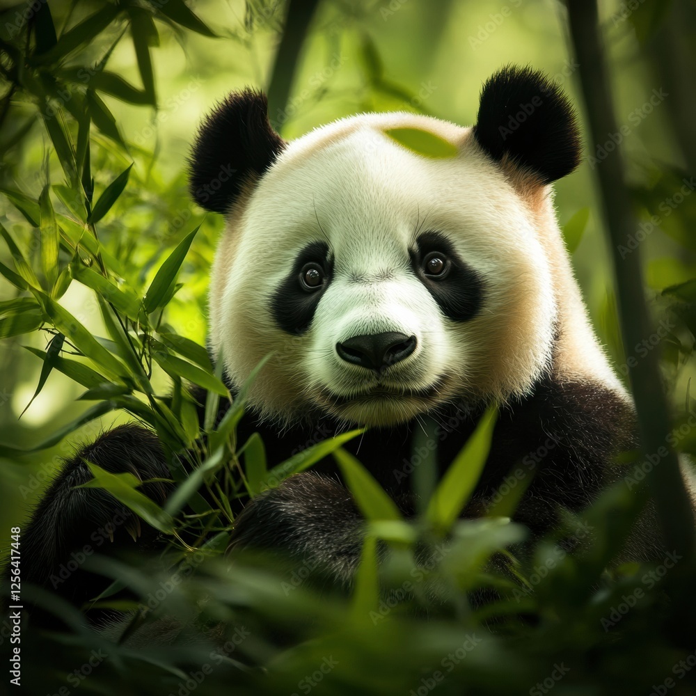 Fototapete panda portrait surrounded by lush bamboo in a tranquil forest setting with room for text. generative