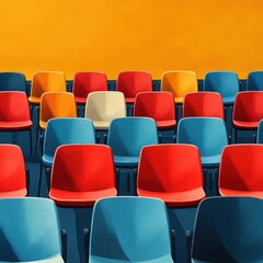 Obraz premium Colorful Arrangement of Plastic Chairs in Rows Against a Vivid Orange Wall Capturing Modern Design and Symmetrical Patterns in a Minimalist Setting