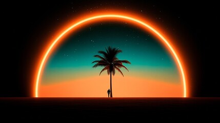 Fototapeta premium Silhouette of a man walking towards a palm tree under a vibrant neon arch at sunset. A surreal, tropical scene.