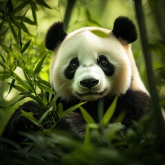 Fototapeta premium Panda portrait surrounded by lush bamboo in a tranquil forest setting with room for text. Generative AI
