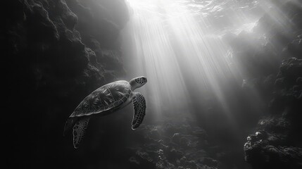 Graceful turtle swimming in sunlit ocean a serene underwater scene for marine life conservation awareness