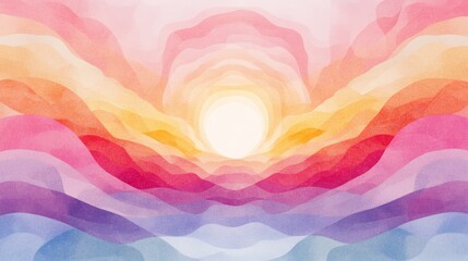 Serene watercolor landscape depicting a sunrise over rolling hills in vibrant pastel hues.