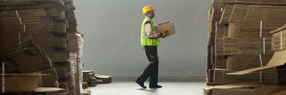 Fototapete header of male engineer carrying packed box on hands while moving between tall stacks of cardboard s