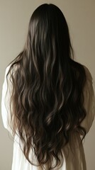 Naklejka premium Long wavy hair of a woman standing in a lush green environment during daylight
