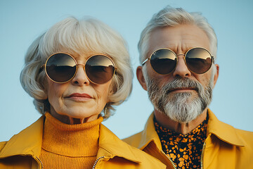 A stylish elderly woman and man wearing round sunglasses and oversized light jackets, exuding confidence and modern fashion