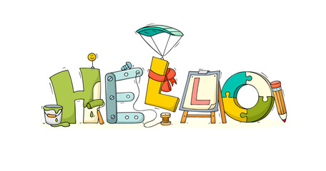 Fototapeta premium Cartoon word Hello. Doodle cute miniature scene of workers big letters. Hand drawn vector illustration for business and friendship design.