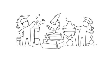 Science laboratory with chemistry equipment for tests and experiments. Medical, scientific or pharmacy lab with people, glass beakers, tubes and microscope, vector doodle illustration