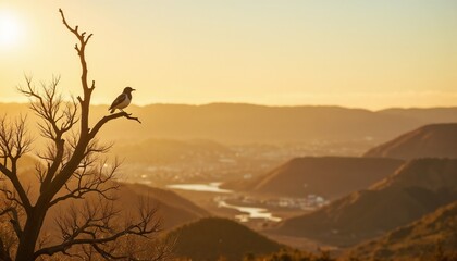 Obraz premium Bird perched on a branch at sunset overlooking a valley with coal strip mining 