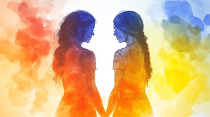 Watercolor illustration of two women holding hands in symbolic LGBTQ pride colors, celebrating love, unity, inclusivity, diversity, and emotional connection in a beautiful artistic expression