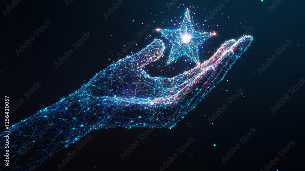 Poster hand with star hologram made of polygons and lines. a low-poly structure symbolizing connection and 