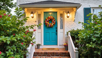 Colorful front door adorned with vibrant wreath, cheerful welcome